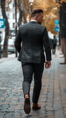 Fototapeta premium fit man in suit walking down a street 