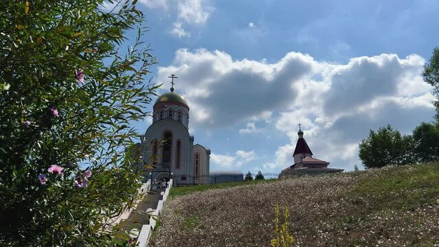 VARVAROVKA, RUSSIA - August 15, 2023: The Church of Varvara the Great Martyr in the village of Varvarovka, a suburb of Anapa, Krasnodar Territory. 4K