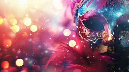 A close-up of a colorful masquerade mask surrounded by vibrant bokeh lights - obrazy, fototapety, plakaty