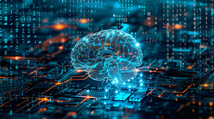 Fototapeta premium The cloud technology concept, of a digital blue human brain, with connect glowing blue circuit board and glowing coding data, generative ai