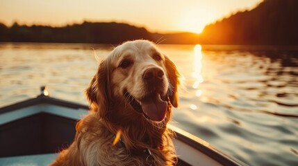 Photo of a golden retriever dog in a boat on the lake against the background of a beautiful sunset - obrazy, fototapety, plakaty