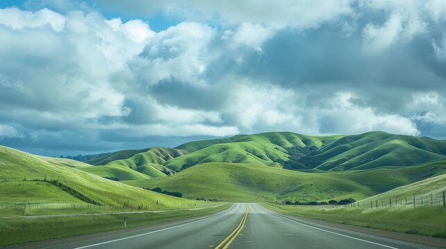 green grass on each side of highway, rolling hills in front with clouds, towards paso robles