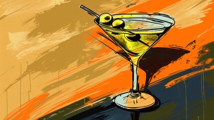 martini with olive, style doodle, sharpie illustration, bold lines and solid colors  - obrazy, fototapety, plakaty