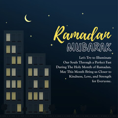 Ramadan Mubarak social media post design, midnight illuminated urban people awaken for eat Sahari for fasting, Muslim community faith. Let's try to illuminate our souls through a perfect fast.