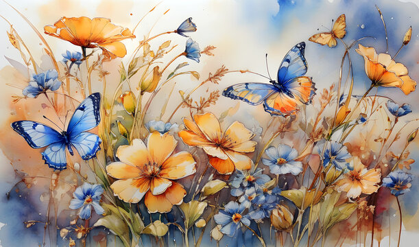 colorful butterflies flying in a flowering meadow painted with watercolors