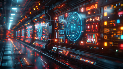 Fototapeta premium Futuristic Control Room With Digital Interfaces and Glowing Data Panels, Representing Advanced Technology, AI Systems, and Cybersecurity
