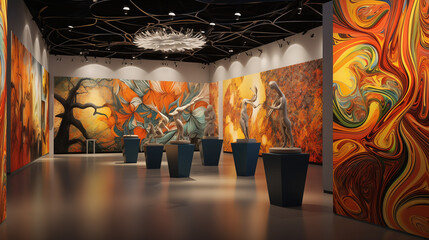  Contemporary art gallery with an intricately designed feature wall, showcasing unique artworks in...