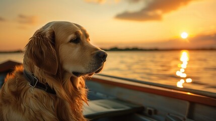 Photo of a golden retriever dog in a boat on the lake against the background of a beautiful sunset