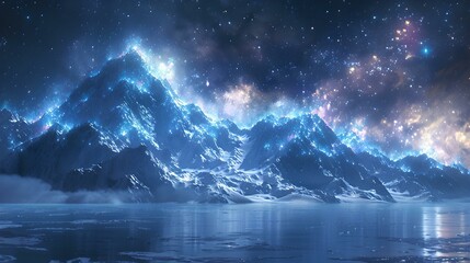 Majestic snow-capped mountains under starry sky, a surreal winter landscape for fantasy settings. tranquil and mystical. AI