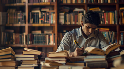 Focused Indian student engrossed in academic research surrounded by piles of books in a library with vintage ambiance