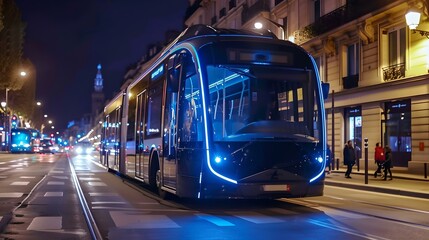 Obraz premium Modern tram gliding through city streets at night, illuminated by vibrant lights. urban transit against historic architecture. sleek, energy-efficient public transportation. AI