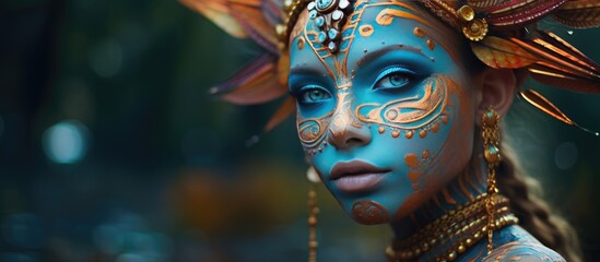 A woman adorned with intricate blue and gold face paint, showcasing creative body art inspired by Amazon culture. The face paint features vibrant shades of blue and shimmering gold, enhancing her