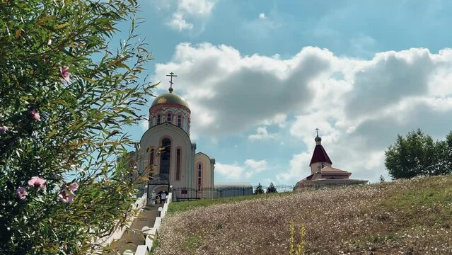 VARVAROVKA, RUSSIA - August 15, 2023: The Church of Varvara the Great Martyr in the village of Varvarovka, a suburb of Anapa, Krasnodar Territory. 4K