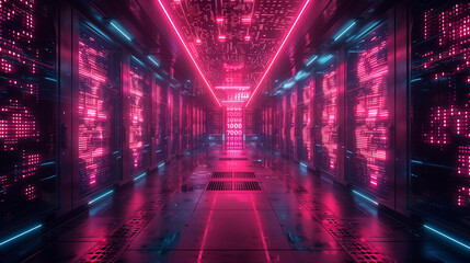 Futuristic Neon Data Center Hallway With Glowing Servers and Binary Code, Representing Cloud Computing, AI Infrastructure, and Cybersecurity