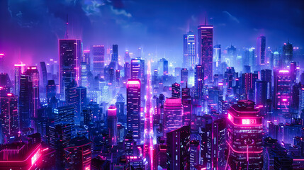 City Nightscape with Skyscrapers, Urban Skyline and Neon Lights, Modern Architecture and Futuristic Design