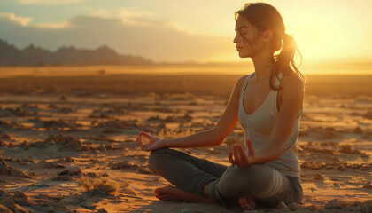 Fototapeta na wymiar emotional balance - a young woman meditating in a lonely desert landscape with a calming wellness rhythm