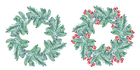 Watercolor winter wreaths. Hand-drawn conifer, eucalyptus leaves and alex berries branches. Christmas Manual illustrations set, traditional technique. Clipart for design. Isolated on transparent.	 - obrazy, fototapety, plakaty