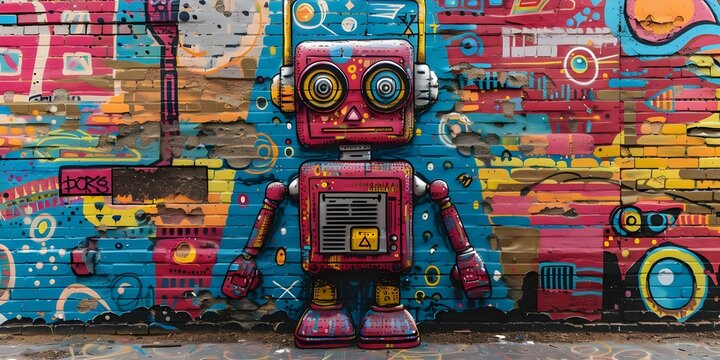 Whimsical Robot Painting a Mural on a Wall. Concept Fantasy Art, Urban Street Art, Robot Characters, Mural Creation