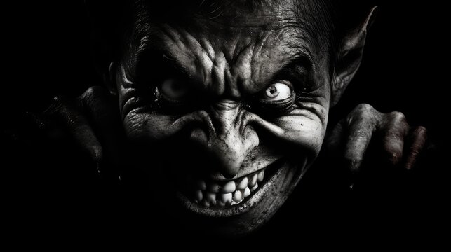 The creepy grin of an evil creature. A sinister smile. Grim image of a scary undead creature.