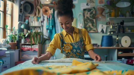 Creative female artist working on a new design in a cozy art studio. carefully measuring fabric for sewing. busy atelier atmosphere. artistic expression through fashion. AI - obrazy, fototapety, plakaty