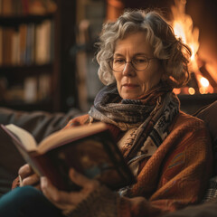 Intimate portrait of a thoughtful mature woman deeply engrossed in reading a novel, cozy evening by the fireside in a home library setting.
