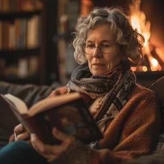 Poster Intimate portrait of a thoughtful mature woman deeply engrossed in reading a novel, cozy evening by the fireside in a home library setting. © Marina