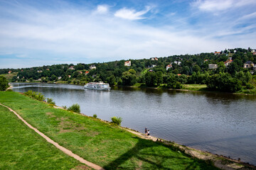 View from the Beautiful Loschwitz Bridge over the Elbe River. Dresden, Germany.