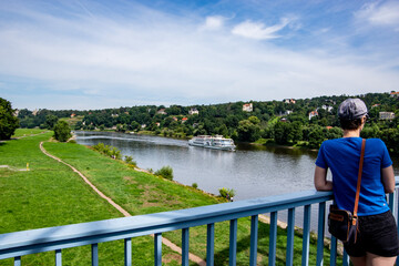 Fototapeta premium View from the Beautiful Loschwitz Bridge over the Elbe River. Dresden, Germany.