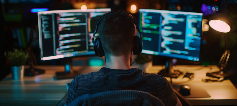 A software engineer meticulously codes lines of intricate algorithms, immersed in the world of programming languages and debugging