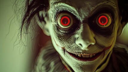 Close-up of a witch with a creepy smile or grin. A fairy tale horror character. Illustration for cover, card, postcard, interior design, banner, poster, brochure or presentation.