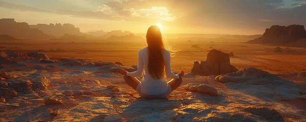 Fototapete emotional balance - a young woman meditating in a lonely desert landscape with a calming wellness rhythm © Riverland Studio