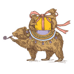 Walking bear with cubs sitting on its back and a gift.  Color. Engraving style. Vector illustration.