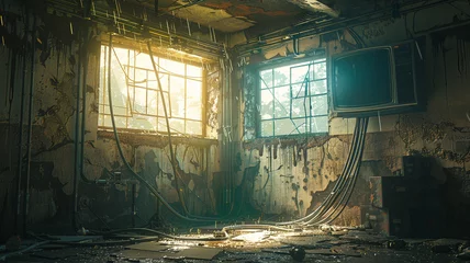 Poster Inside old, empty, abandoned factory or warehouse with large windows and deteriorating interior. Background with copy space © Moribuz Studio