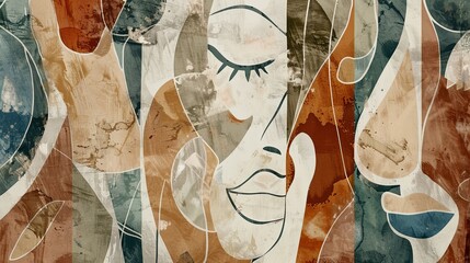 Depiction of multiple faces in the style of abstractionism. Multi-faced abstract art. Illustration for cover, card, postcard, interior design, banner, poster, brochure or presentation.