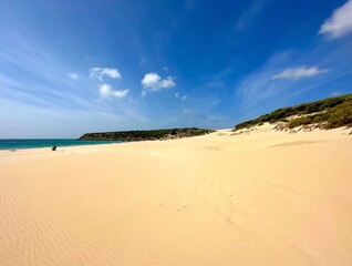 Fototapeta na wymiar view of the beautiful beach Playa de Bolonia at the Costa de la Luz, Andalusia, Cadiz, Spain