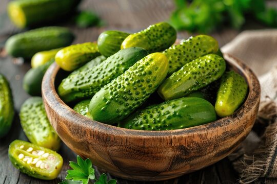Crunchy Gherkins on Table Background. Delicious Salted Pickled Cucumber Snack for Eating and Cucumber Salad. Perfectly Canned Food Image