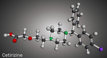 Cetirizine drug molecule. It is drug used in allergic rhinitis and chronic urticaria. Molecular model. 3D rendering.