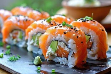 Delicious Sushi Rolls: A Mouthwatering Seafood Delicacy with Maki and Sashimi