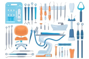 Dentist Equipment Set for a Modern Dental Clinic. High-quality Medical Instruments and Tools for Effective Dentistry and Drill Procedures