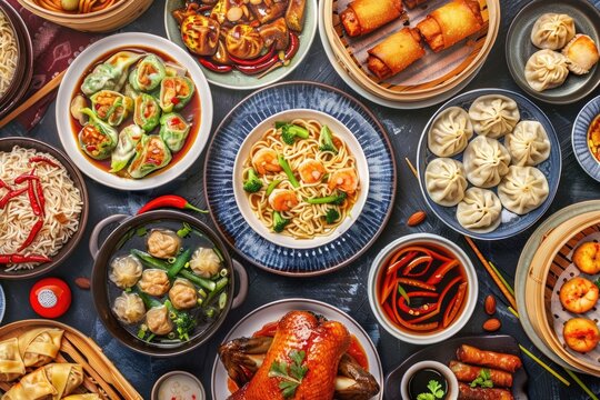 Delicious Chinese Cuisine Set on Table: Noodles, Rice, Dim Sum, Spring Rolls and More. Top View of Asian Style Banquet in Chinese Restaurant