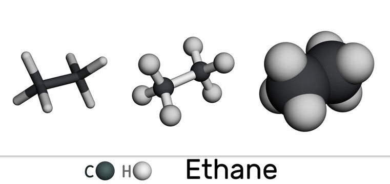 Ethane C2H6 molecule. Various 3D molecular models on a white background. 3D rendering.