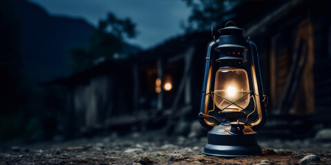 A glowing lantern in the foreground with a blurred background of a wooden house at night in the mountains.