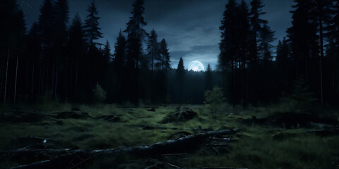 Mystical full moon in the dark spruce forest with bright green moss