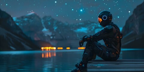 Contemplating Robot on a Dock Under the Stars. Concept Sci-Fi, Robot, Contemplation, Dock, Stars