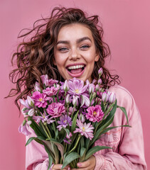 a woman holding flowers on isolated pink background, smiling, violet and pink, portrait, flowers, pink, wavy, bold-graphic, light magenta and crimson, wavy, candid, isolated, png, cutout, canva
