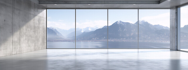 City and mountains view from a modern office with concrete walls and large windows