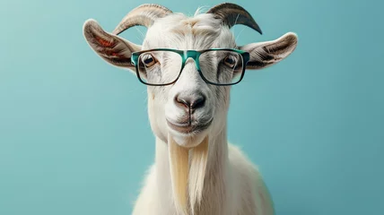 Fotobehang Creative animal concept. Llama in sunglass shade glasses isolated on solid pastel background, commercial, editorial advertisement, surreal surrealism © Moribuz Studio