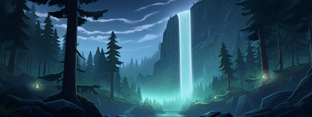 Mystical waterfall in the mountains at night, surrounded by a dark forest. - obrazy, fototapety, plakaty