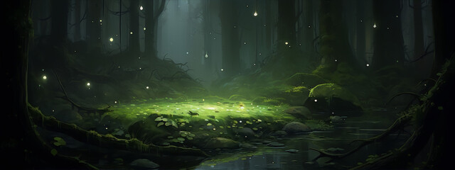 Glowing mushrooms in a mysterious misty forest with a small pond