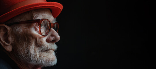 A man wearing a red hat and glasses is looking at the camera. The image has a serious and contemplative mood - obrazy, fototapety, plakaty